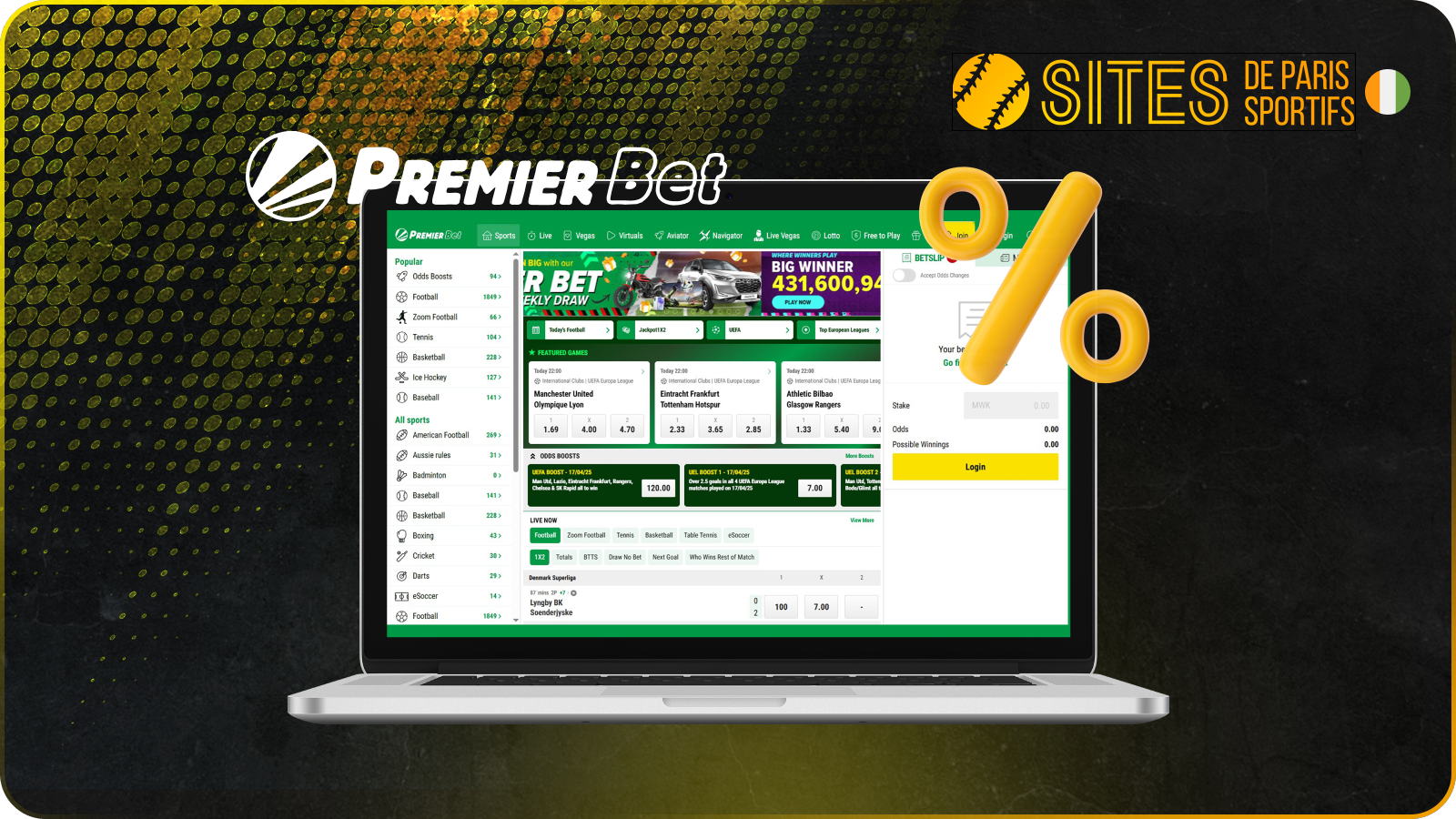 PremierBet permet de parier sur plus de 20 disciplines, dont plus de 100 en direct et 2 000 événements chaque jour