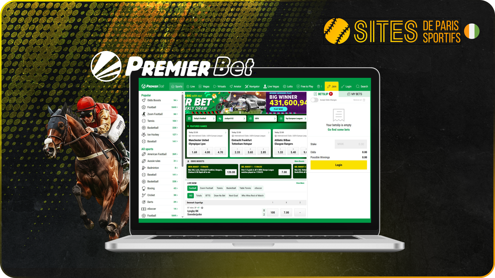 PremierBet est idéal pour ceux qui misent sur les courses de chevaux, avec de bonnes cotes et une interface facile
